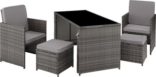 tectake® - wicker zitgroep, 5-delige lounge tuinmeubelset met tafel, fauteuil en kruk, eetgroep voor maximaal 4 personen, tuin- en balkonmeubilair inclusief kussens – grijs - poly-rattan