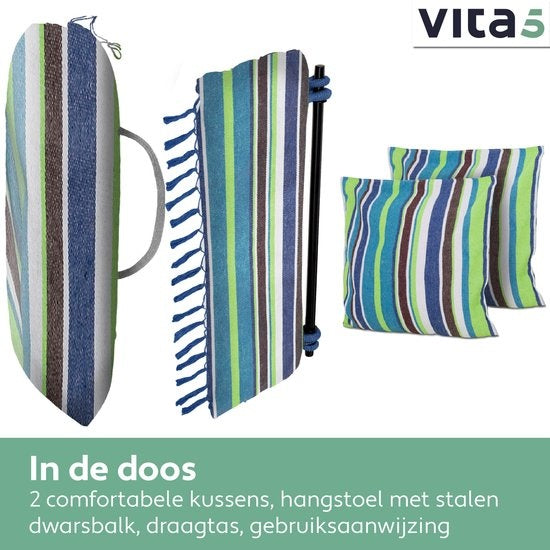 Vita5 XXL Hangstoel | Binnen&Buiten Hangnest | Incl. 2 Kussens en Boekenvak | Volwassenen&Kinderen | Hangmatstoel tot 200kg | Blauw/Groen/Wit