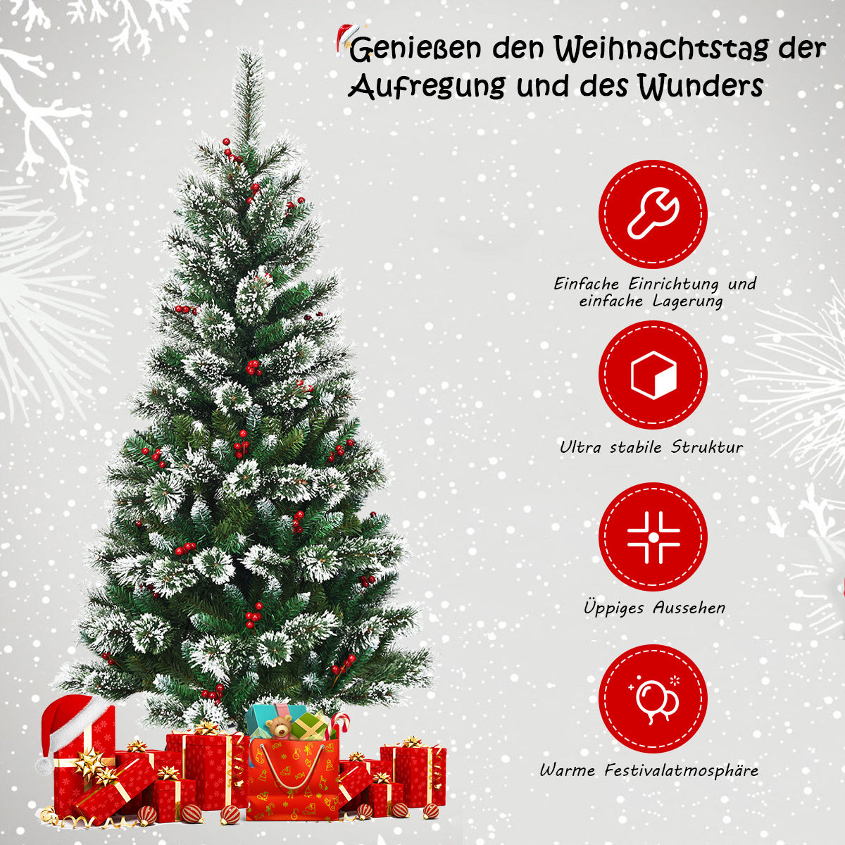 Coast Kunstkerstboom met Sneeuwvlokken Rode Bessen en Dennenappels - Groen - 150cm