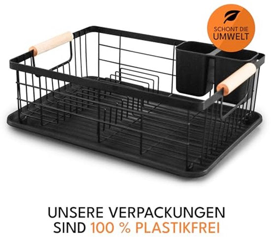 JOHSEATY afdruiprek met houten handvat - 42 x 32 cm, roestvrij met bestekhouder, afdruiprek, afdruiprek, keukenafdruiprek, afdruiprek
