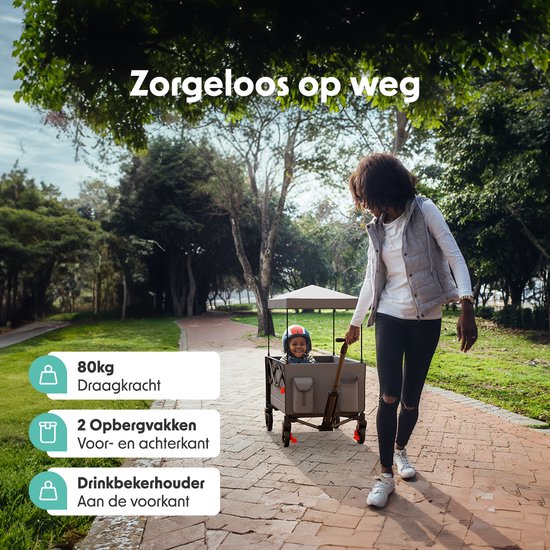 LifeGoods Bolderkar - Opvouwbaar - Kinderenvervoer - Met Dak - 80KG Draagkracht - Strandkar - Draaibare Wielen - Grijs