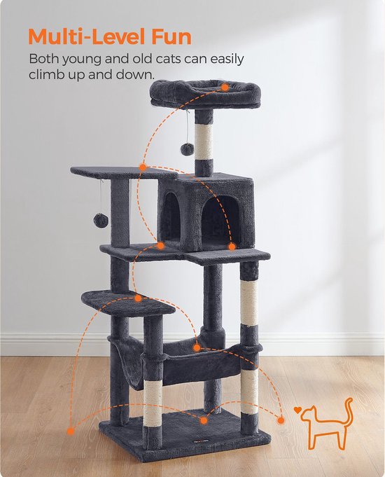krabpaal - krabpaal met hangmat - Kattenboom 143 cm - rookgrijs
