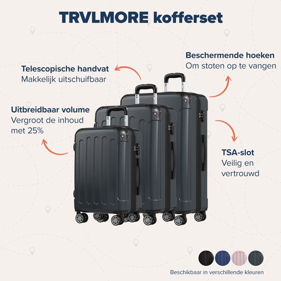 TRVLMORE Kofferset - 3 Delig - 45L Handbagage + 75L en 115L Ruimbagage - TSA Slot - Lichtgewicht - Reiskoffer set - Donkergrijs
