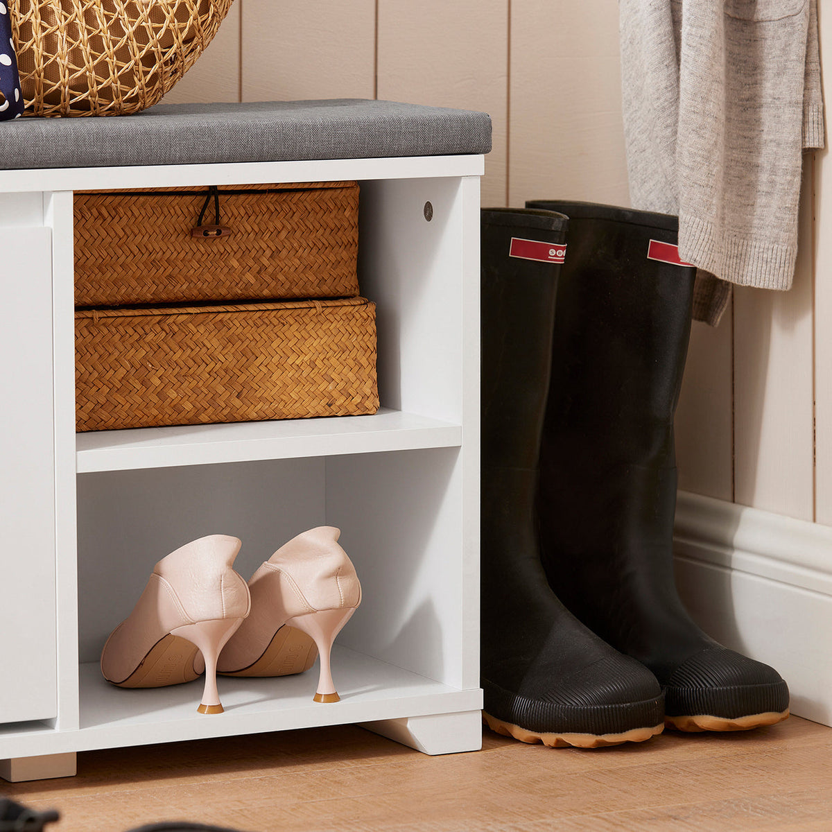 SoBuy FSR119-W Schoenenkast met zitvlak - 90 x 24 x 46 cm - Wit/ Grijs
