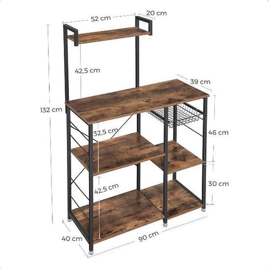 Goliving Keukenkast – Keukenrek Staand – Magnetronkast – Organizer – Metaal – Hout – 90 x 40 x 132 cm – Bruin