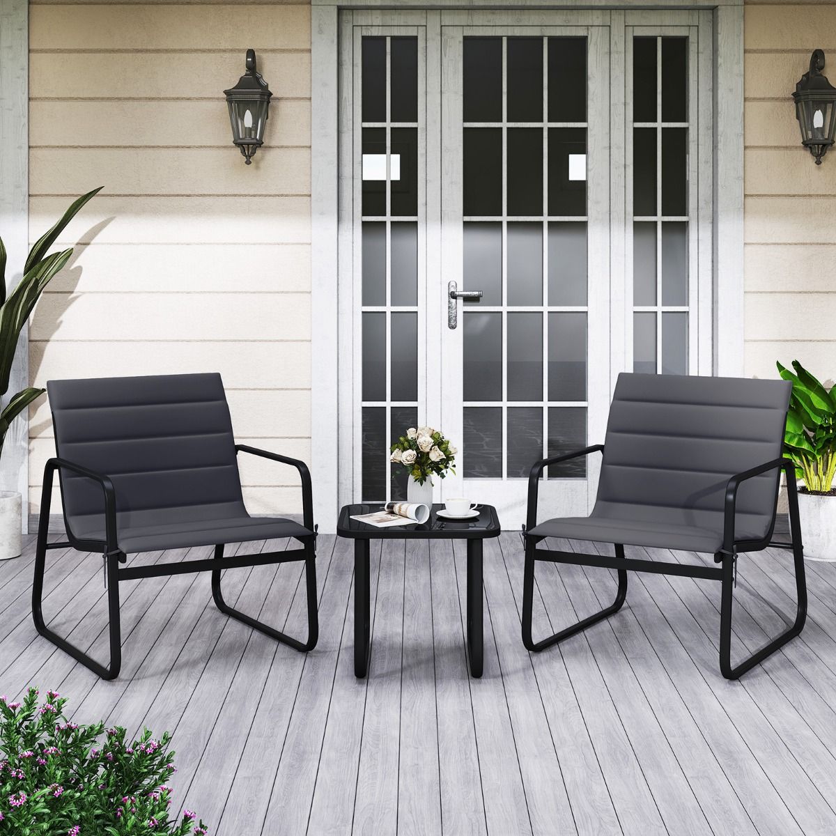 Coast 3-delige tuinset - buitenstoelen met afneembare kussens - bijzettafel met gehard glas - grijs en zwart