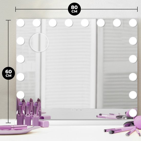 Bayt Hollywood Spiegel met Verlichting - Make Up Spiegel met Verlichting - Spiegel met Verlichting - Hollywood Spiegel 80x60 - Dimbaar - 10x Vergroting - 80x60cm - Wit