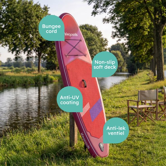 LifeGoods SUP Board Allround Compact - 100 KG Draagkracht - 300 x 76 cm - Opblaasbaar - Compleet SUP pakket - Rood/Lila