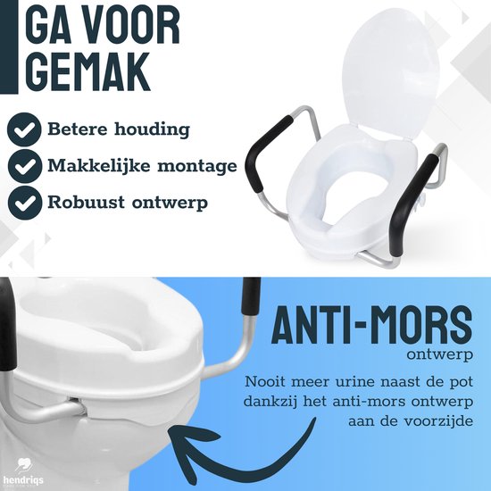 Hendriqs® WC Verhoger 10 cm met Armsteunen & Deksel - Toiletverhoger met Armleuning - Verhoogde WC Bril - Verhoger Volwassenen & Senioren - Toiletstoel in Hoogte Verstelbaar - WC Verhoging - Toiletbril Verhoger