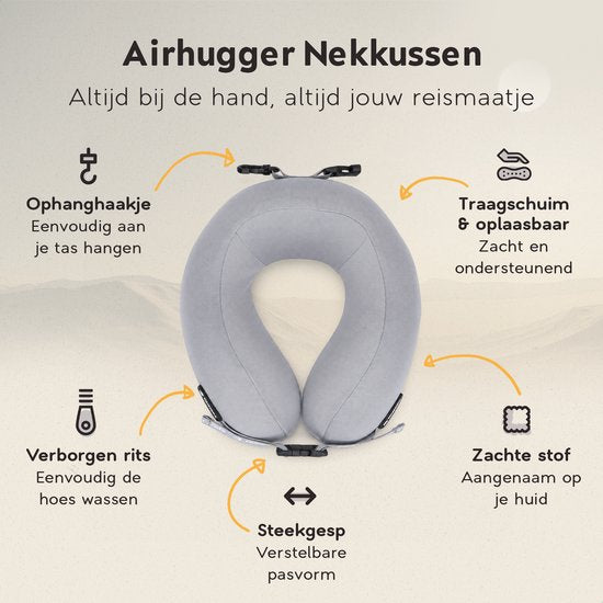 TRAVARA Nekkussen The Airhugger - Reiskussen - Voor Vliegtuig - Auto kussen - Traagschuim - Opblaasbaar en Memory Foam Combinatie - Lichtgrijs
