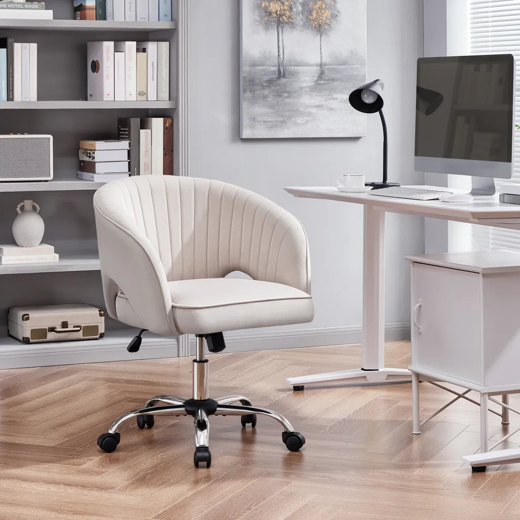 Yaheetech Fluwelen Bureaustoel met Armleuningen en Wielen - Beige - 60 x 56,5 x 73-83 cm