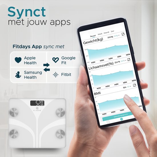 e.volve Weegschaal Personenweegschaal Digitaal - Wit - Slimme Weegschaal met Lichaamsanalyse - Precisie Weegschaal - Incl. App - Weegschalen