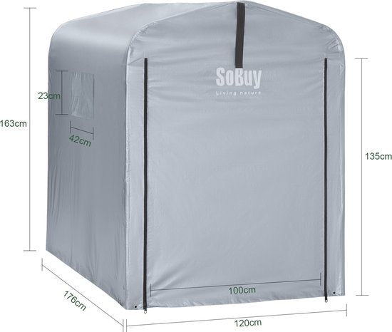 SoBuy Weerbestendig dekzeil voor fietsgarage/gereedschapsschuur, uv-bescherming, regenbescherming, outdoorzeil voor tuin, terras, zilver, 120 x 176 x 163 cm, SDA11-SIL