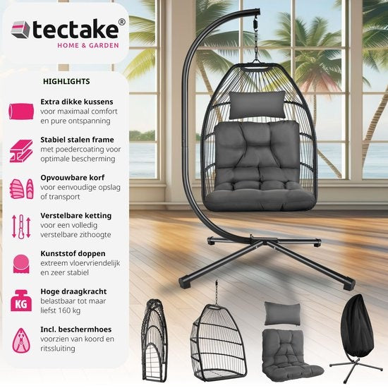 tectake® - Luxe hangstoel - opvouwbare en draaibare egg chair met standaard - dikke kussens - antislipvoeten - inclusief beschermhoes. Ideaal voor tuin, terras, slaapkamer - donkergrijs
