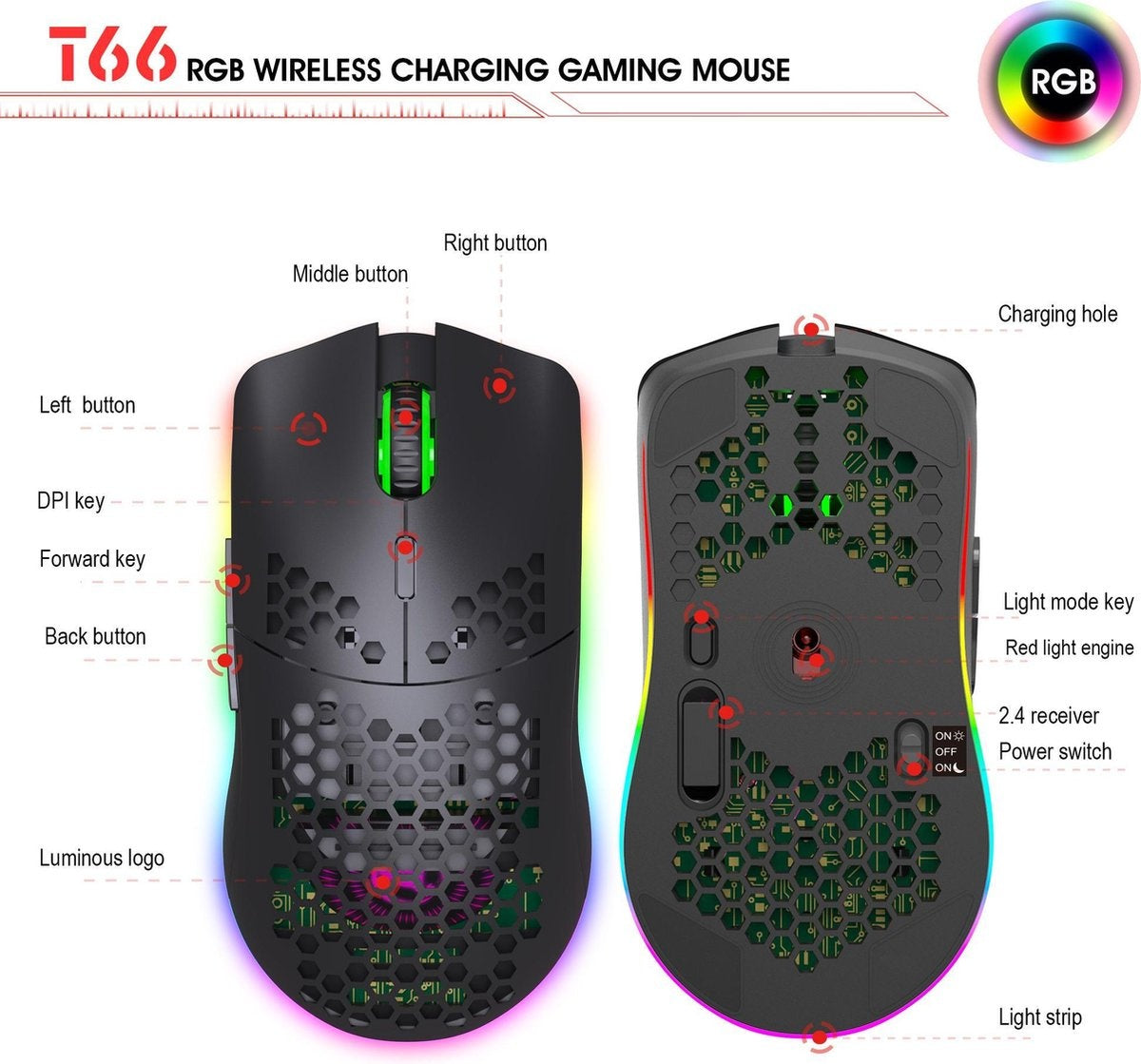 HXSJ T66 2.4G Draadloze Gaming Muis - Ultra licht - RGB Verlichting - Zwart