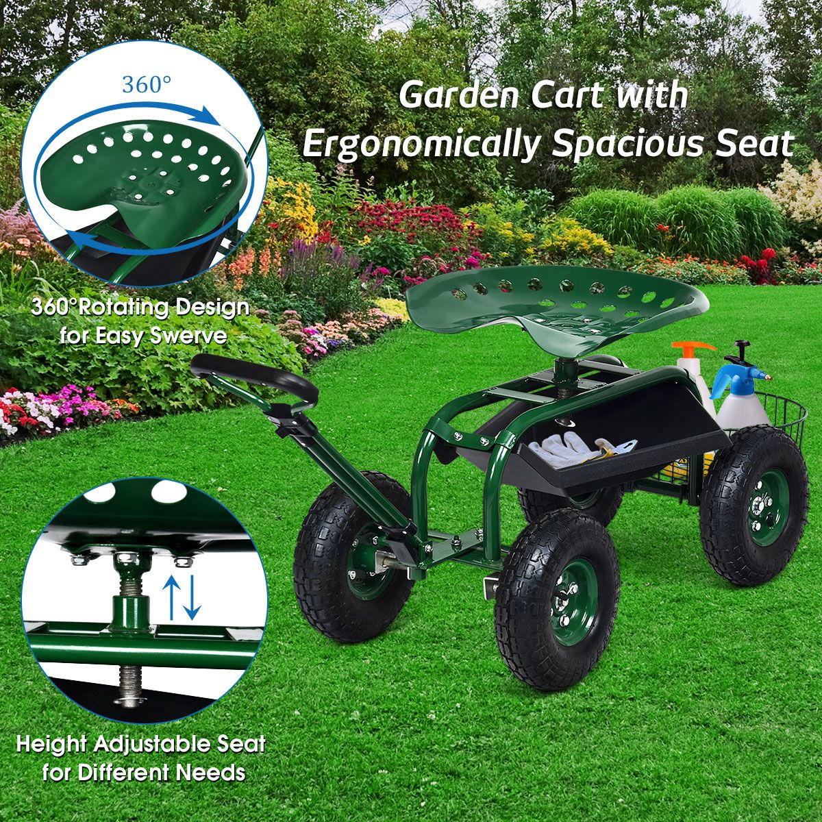 Coast Tuinwagen met verstelbaar handvat - ergonomische zitting - opbergmand en gereedschapsbakken - groen