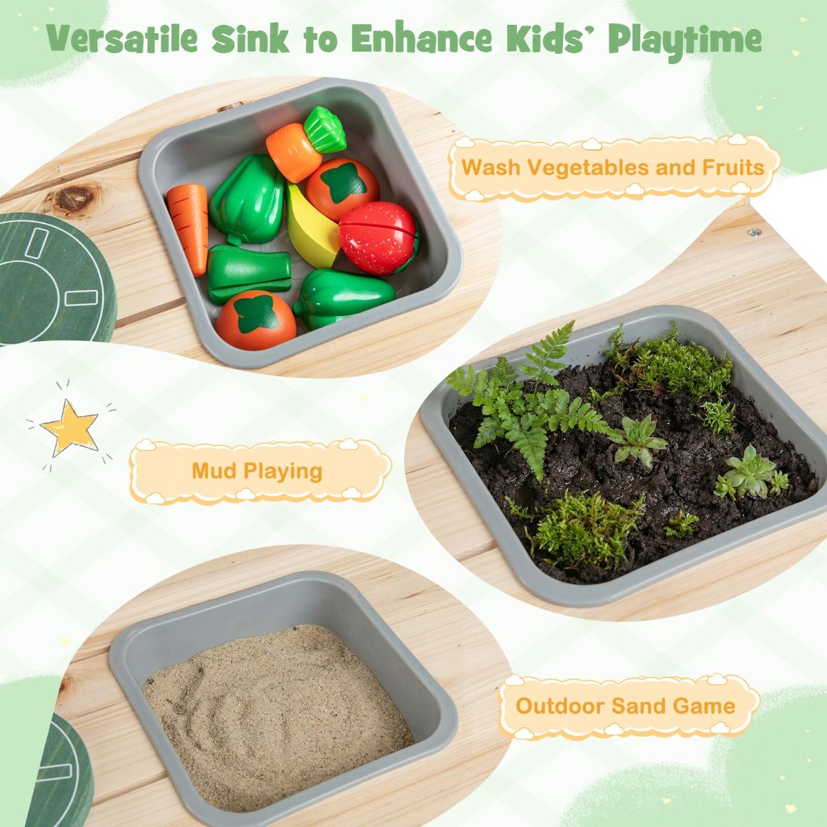 Coast Houten Speelkeuken voor Kinderen - met fornuis en gootsteen - krijtbord en bloempotten - naturel