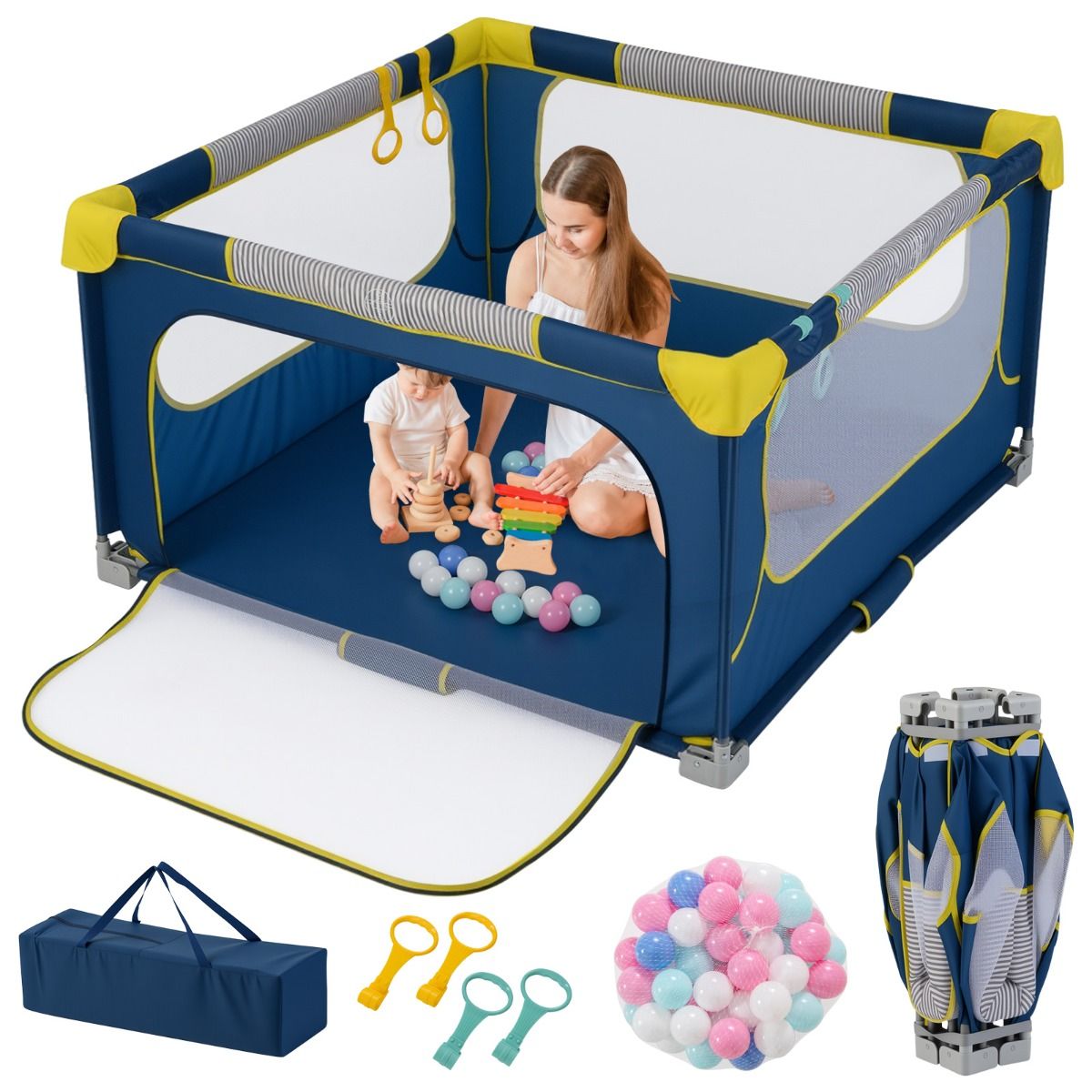 Coast Opvouwbaar Babylooprek 127 x 127 x 72,5 cm - 50 Ballen & 4 Trekringen - Ritsdeur - Blauw