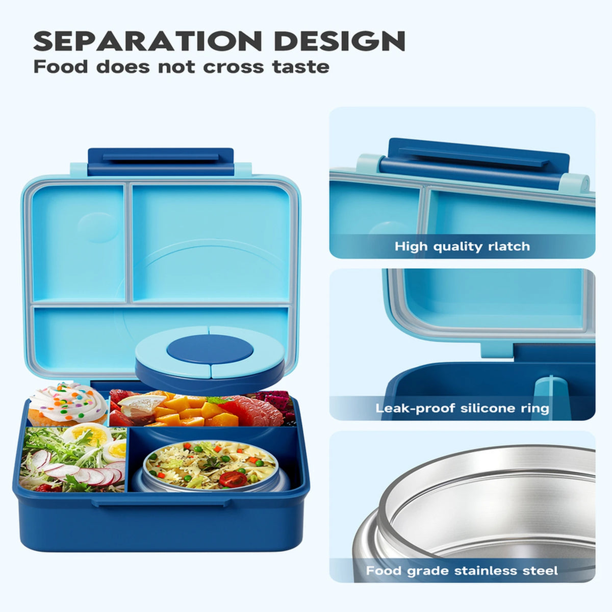 Meoky Lunchbox met Vakken - Enkele Sluiting - 54 oz - Blauw