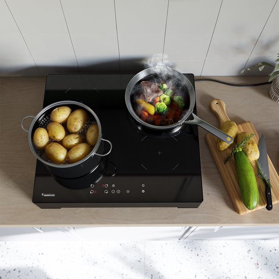 KitchenBrothers Inductie Kookplaat - Vrijstaande Inductieplaat - 60 cm - 4 Zones - 1 Fase - Tot 2400W - Zwart