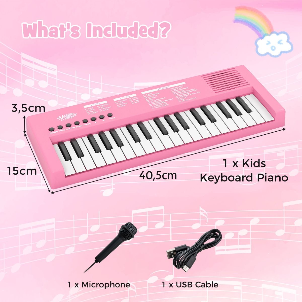 Coast Kinderkeyboard - Elektronische piano met 37 toetsen - 8 ritmes - 8 klankkleuren - Zwart / Roze