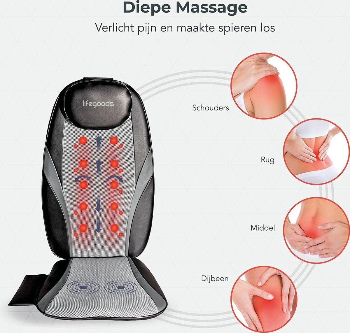 Auronic Shiatsu Massagekussen – 4 Massagekoppen – Warmte- en Vibratiefunctie – 3 Massagezones – Voor Rug, Nek, Heupen & Benen – Zwart