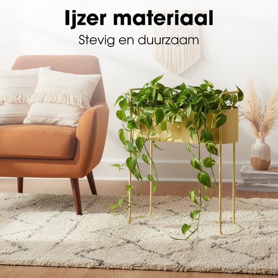 Mica Decorations Moritz Bloempot op Standaard - Plantenpot L55 x B24 x H65 cm - Plantenstandaard op IJzer - Bloempot Binnen of Buiten - Beige
