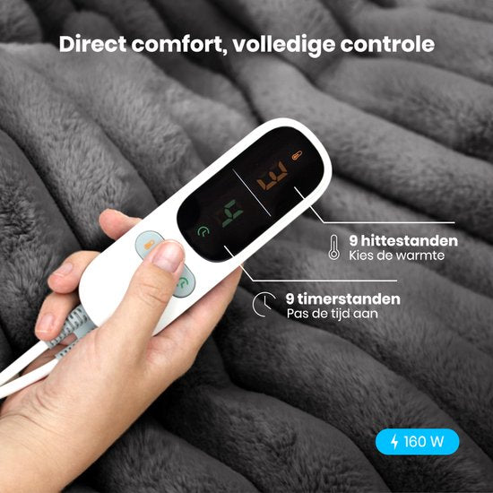 Auronic Elektrische Deken - 160 x 120cm - Warmtedeken - 1 Persoons - 3 Warmtestanden - Pluche - Verwarmingsdeken - Antraciet