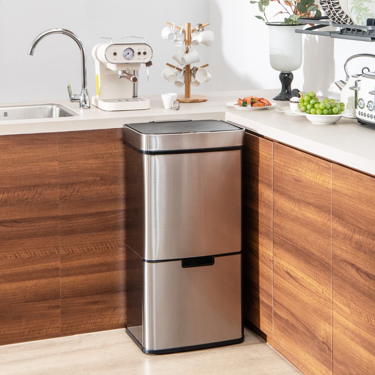 Coast 72 L Vuilnisemmer met Sensor – 4 Vakken, Zilver, 42 x 32-58 x 84-110 cm, Elektrische Afvalemmer met Zachte Sluiting voor Keuken en Kantoor