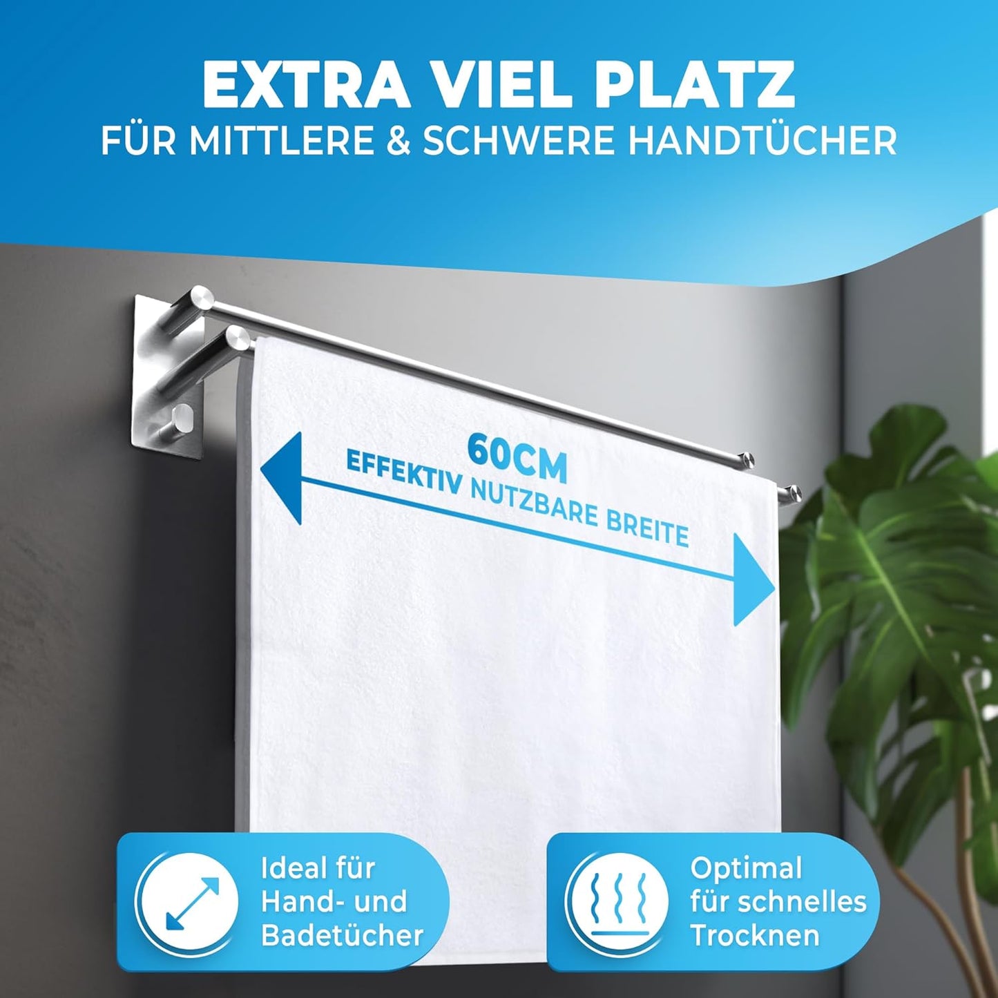 LOBUX® - Handdoekstang zonder boren - 60cm, roestvrij staal - Handdoekstang badkamer dubbel, zelfklevend - Handdoekstang, handdoekrek incl. 2 handdoekhaken - voor badkamer, douchewand, keuken