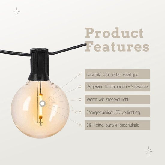 a sunny day Lichtsnoer buiten - Lichtslinger - Inclusief 25 XL Led lampen voor buiten - 7,5 meter - Prikkabel - Lichtsnoer binnen - Prikkabel binnen - Lichtsnoer tuin - Warm wit licht