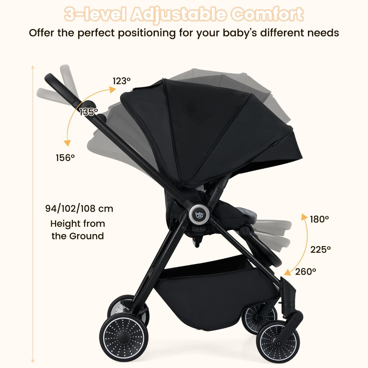 Coast Opvouwbare Kinderwagen 94x51x102 cm Zwart met Omkeerbare Zitting, Verstelbare Rugleuning en Kap
