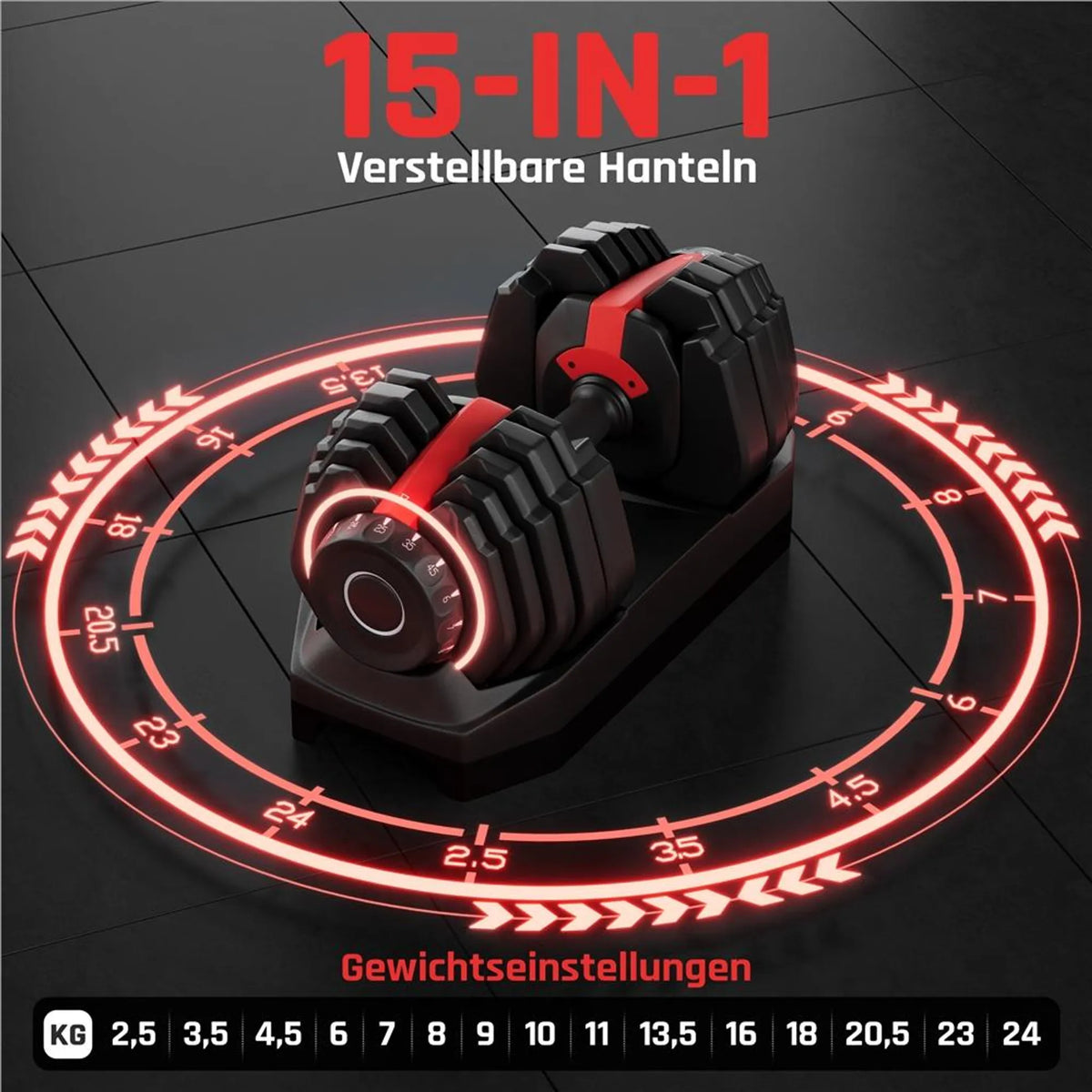 Yaheetech Verstelbare Dumbbellset 2,5-24 kg - 15-in-1 Snelinstelling - Zwart/Rood - 42x21,5x22 cm