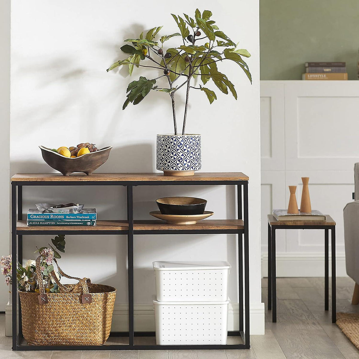 SoBuy - Bijzettafel met 2 opbergplanken - bruin - 107x36x77 cm
