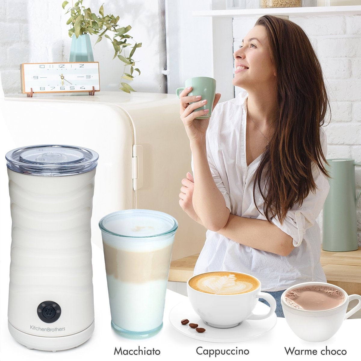 KitchenBrothers - Elektrische Melkopschuimer & Warmhoudfunctie - 240 ml - Wit RVS - 4-in-1 Functie - Modern Keukendesign - Inclusief Garde en Anti-aanbaklaag