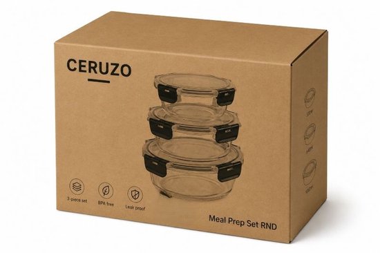 Ceruzo Meal Prep Bakjes Glas – 3 Stuks – Luchtdicht – Rond