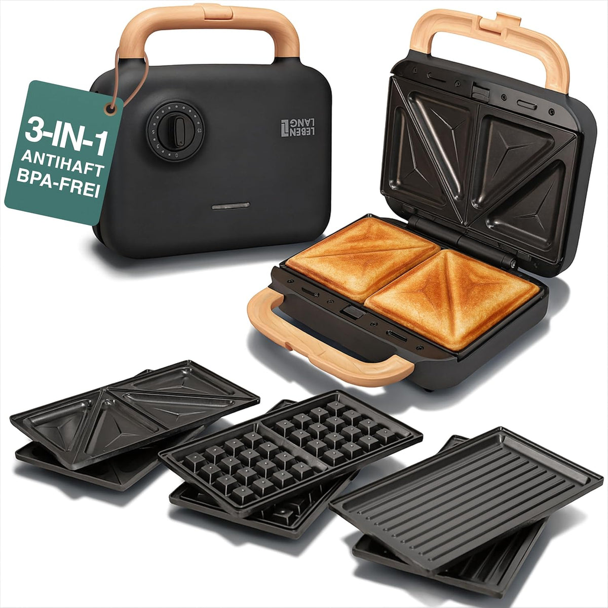 Lebenlang Sandwich maker 3-in-1 - 23.9 × 23 × 12.2 cm - 750 W - Zwart - Sandwich • Wafel • Grill