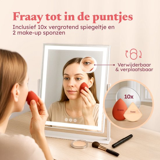 Fraay® Hollywood Spiegel met Verlichting 41x30cm - 3 Lichtstanden - Make Up Spiegel met 10x Vergrootspiegel - LED Strip Verlichting Dimbaar - Incl. Beauty Blenders en Powder puff