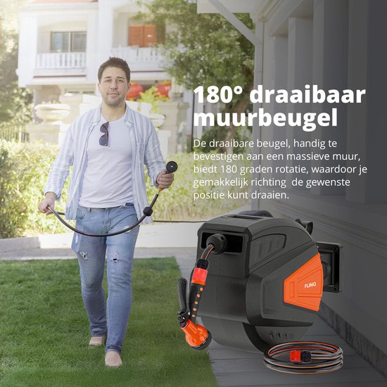 FlinQ Tuinslanghaspel 10 meter - Slanghaspel Automatisch - 180° draaibare Muurhaspel - Wandslangenbox met Tuinslang, Haspel en Sproeikop - 9 Sproeistanden