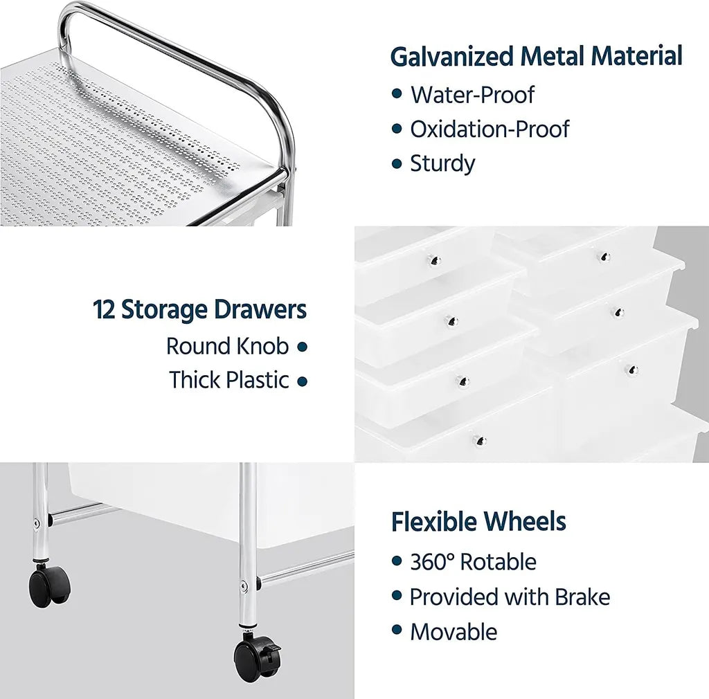 Rolwagen met 12 Lades op Wielen Metalen Frame en Handgrepen Wit 63 × 38,5 × 82 cm