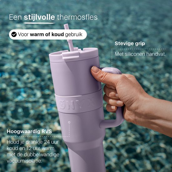 ONYX Drinkfles met Rietje 1.2 Liter - Waterfles voor Kinderen & Volwassenen - Thermosbeker RVS Travel Mug - Motiverende Drinkbus - Drinkbeker voor School - Pastel Purple
