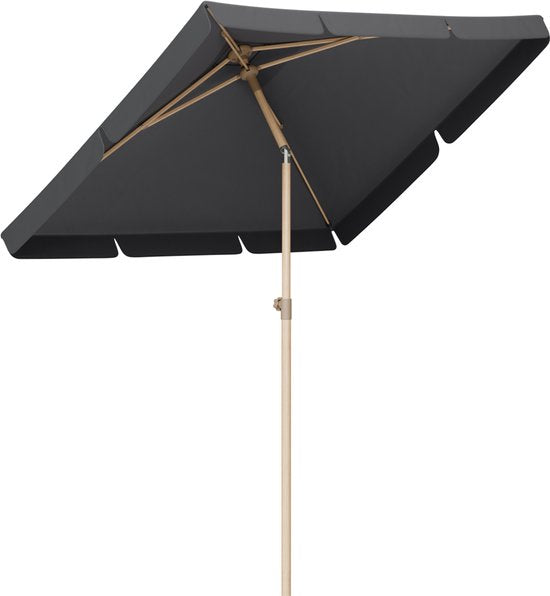 LifeGoods Parasol - Tuin - Balkonparasol - 200x125cm - 30° Kantelbaar - Waterdicht - UPF50+ - Houtkleurige coating - Donkergrijs