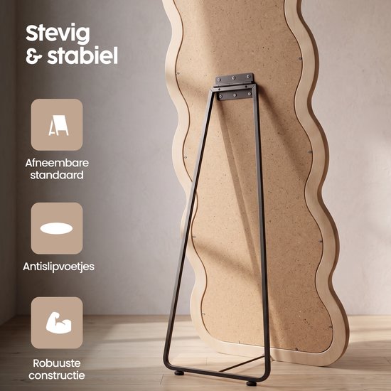 Infinity Goods Passpiegel Wavy - 160x60 cm - Design Wandspiegel - Gestoffeerde Staande Spiegel - Suède - Beige