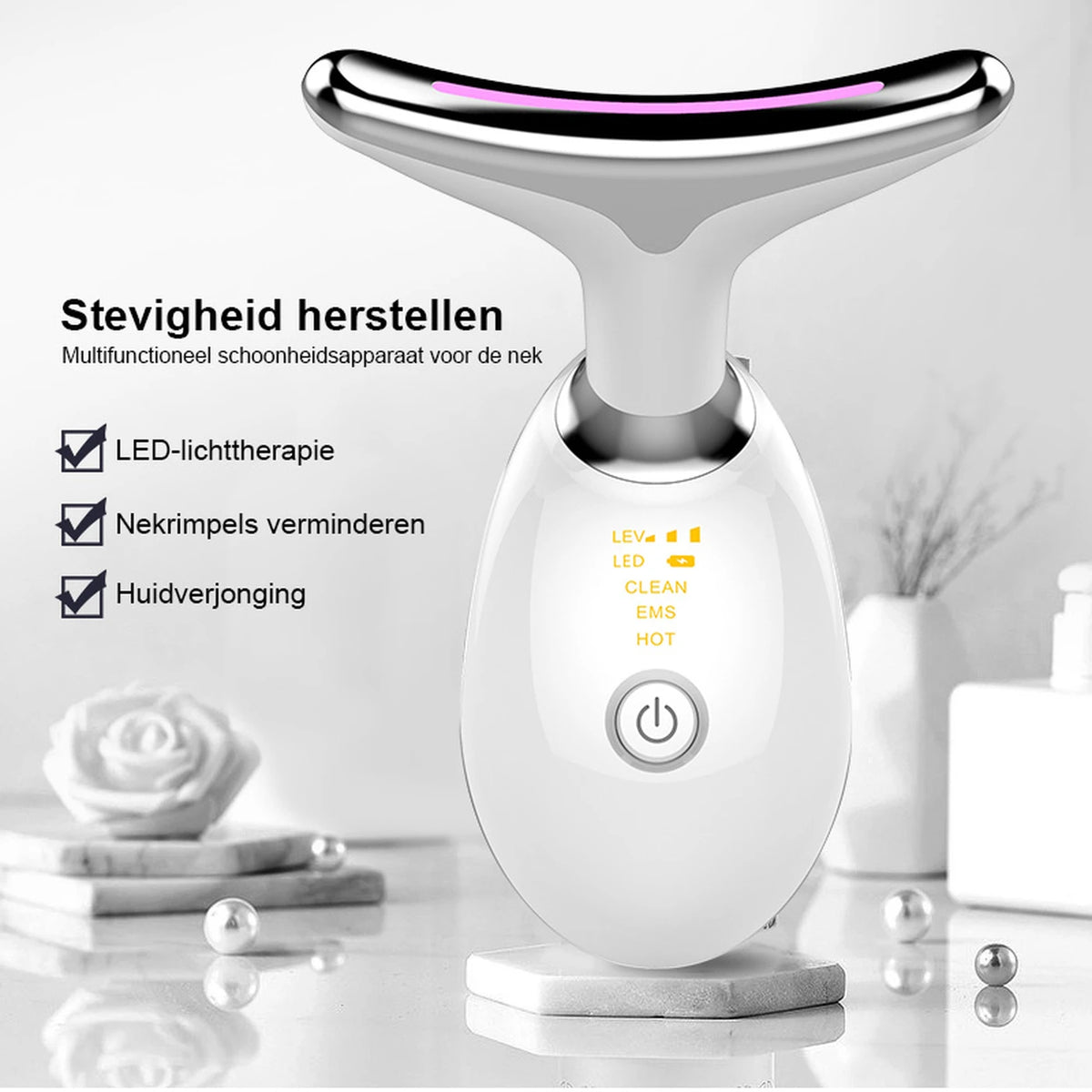 Sunluxy ES-1081 Nekmassageapparaat – EMS Microstroom, 7 Kleuren LED-Licht & 45°C Warmtefunctie – Gezichts- en Nekverzorging – 16,2 x 13,2 x 5,8 cm