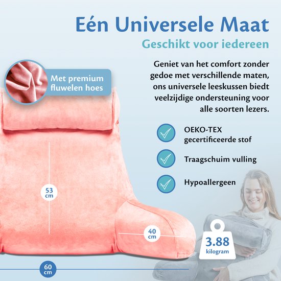 Ella Leeskussen XL - Memory Foam Relax Kussen voor in Bed - Zitkussen met Nekrol & Onderrug Ondersteuning - Bookseat - Fluweel Koraal Roze