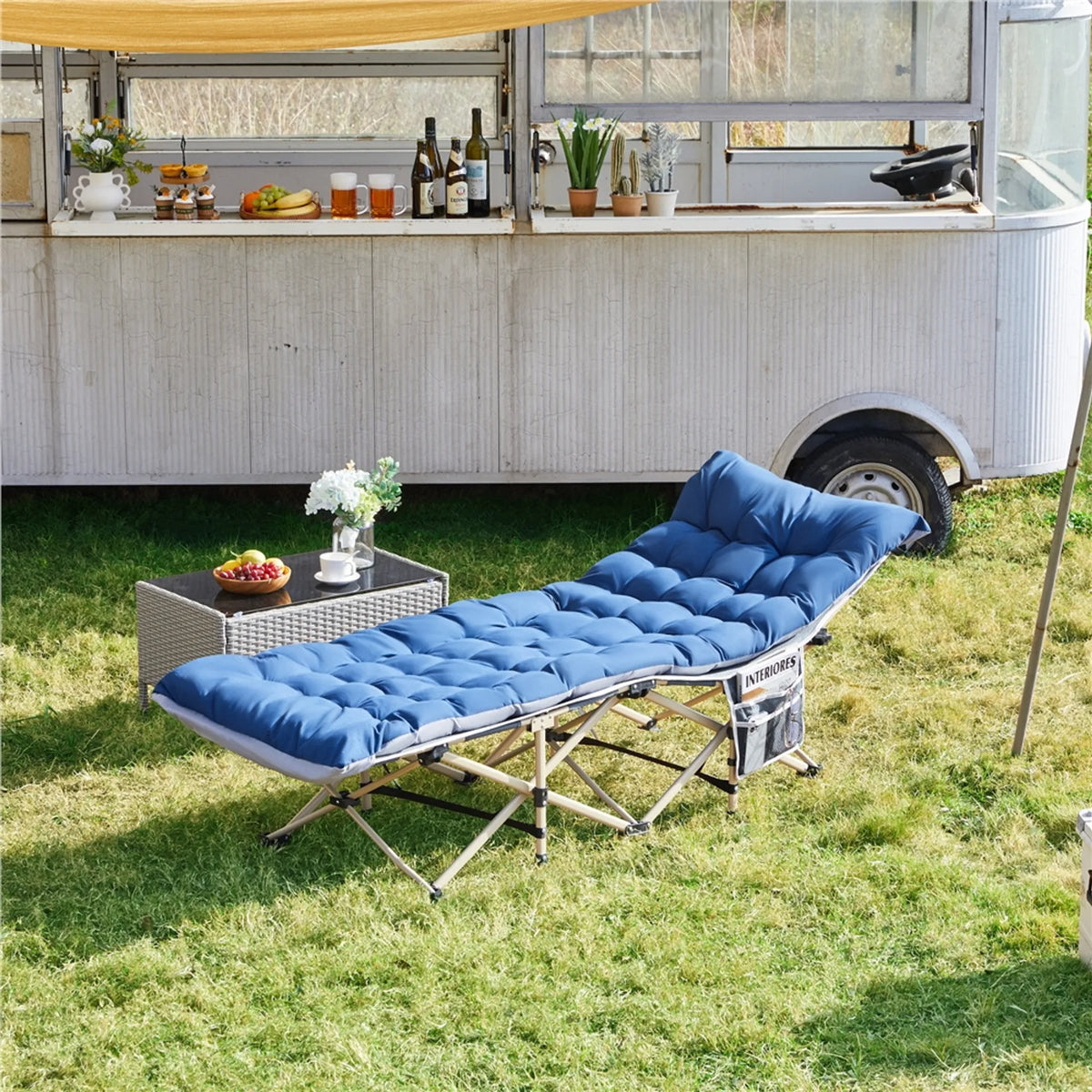 Yaheetech Campingbed Opvouwbaar 150 kg – Voorzien Van Zacht Matras En Zijvakken En Inclusief Draagtas – Voor Kamperen En Kantoor – Grijs En Blauw 600D Oxford En Metaal – 191 x 67 x 56 cm