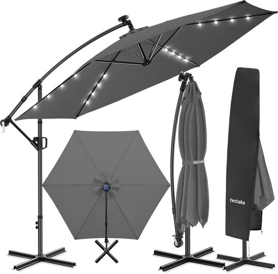 tectake® Zweefparasol met Voet - 3,5 x 3,5 m - Tuinparasol met LED-Verlichting op Zonne-Energie - Draaibaar - Waterafstotend Polyester met UV-Bescherming - Inclusief Hoes - Grijs