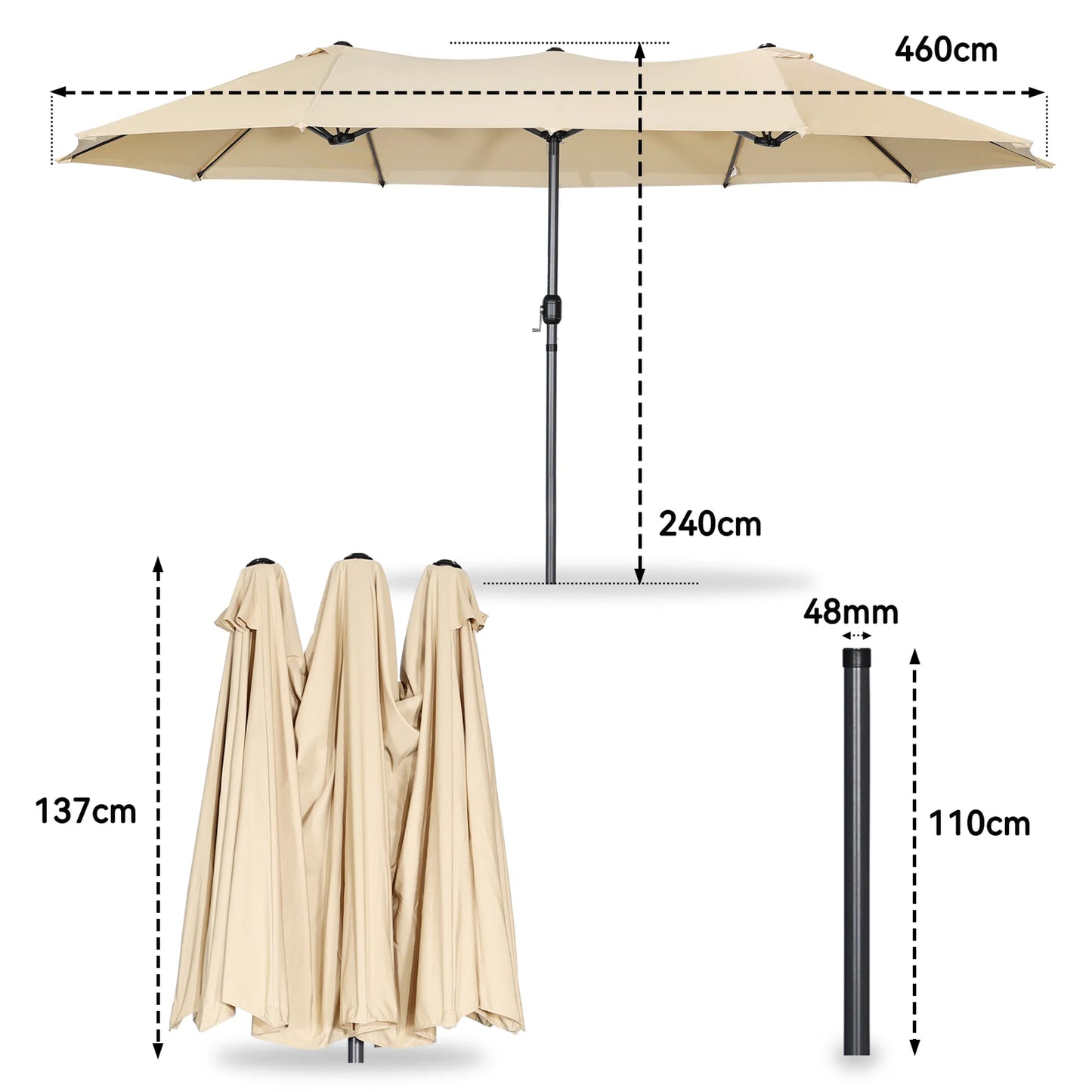 Angel Living Dubbele parasol - 460 x 270 cm - met draaislinger - UPF 50+ - beige