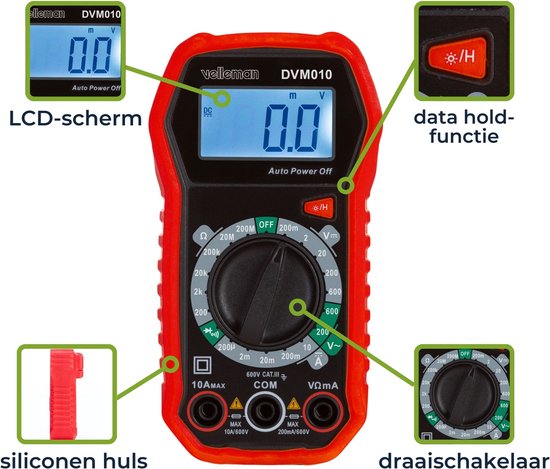 Velleman Digitale multimeter, geschikt voor het meten van AC/DC-stroom, AC/DC-spanning, weerstand, transistor, diodes en continuïteit, inclusief meetsnoeren