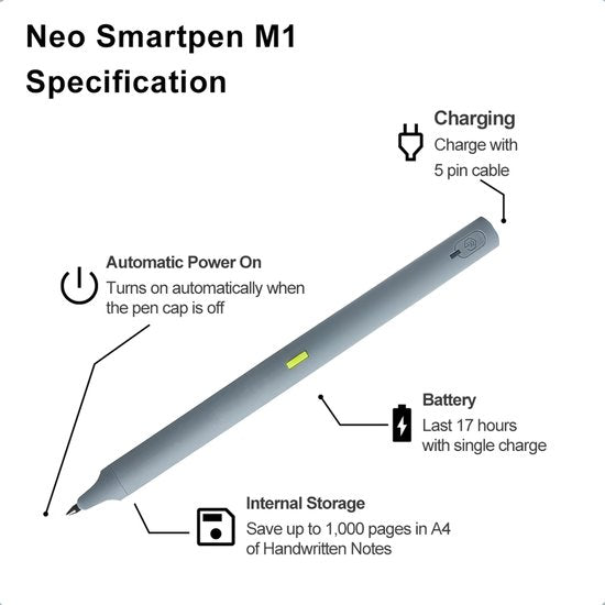 Neolab Smartpen M1 - digitale pen - digitaal schrijven - slimme pen - Grijs